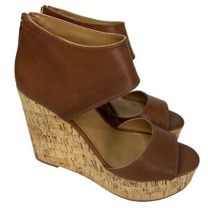 Nine West Caswell Light Brown Leather Wedge Platform Cork Shoes w/ Zip Size 7.5